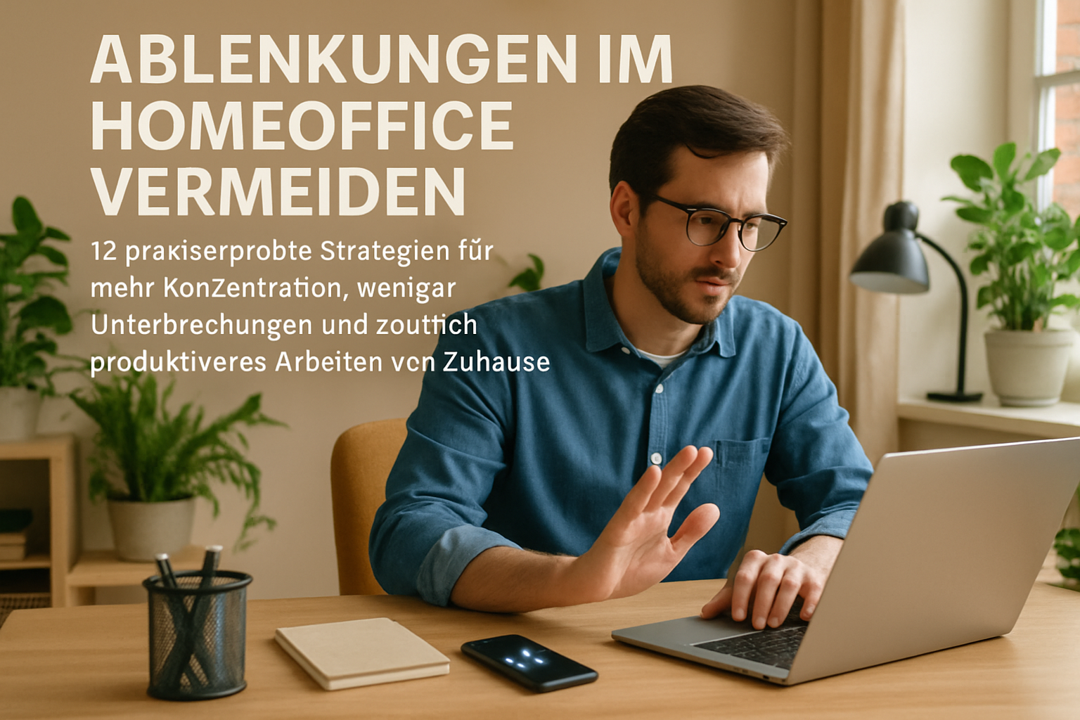 Konzentrierte Person am aufgeräumten Homeoffice-Arbeitsplatz ohne Ablenkungen