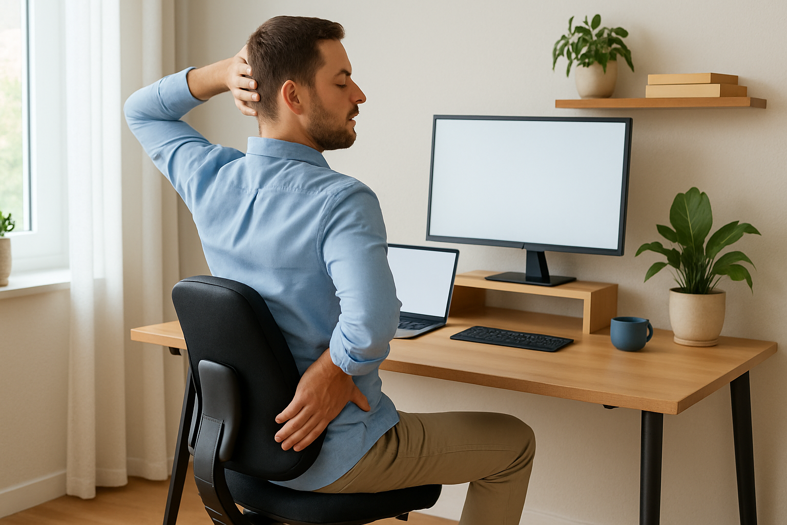 Person mit ergonomischer Haltung am höhenverstellbaren Homeoffice-Schreibtisch mit korrekter Sitzposition