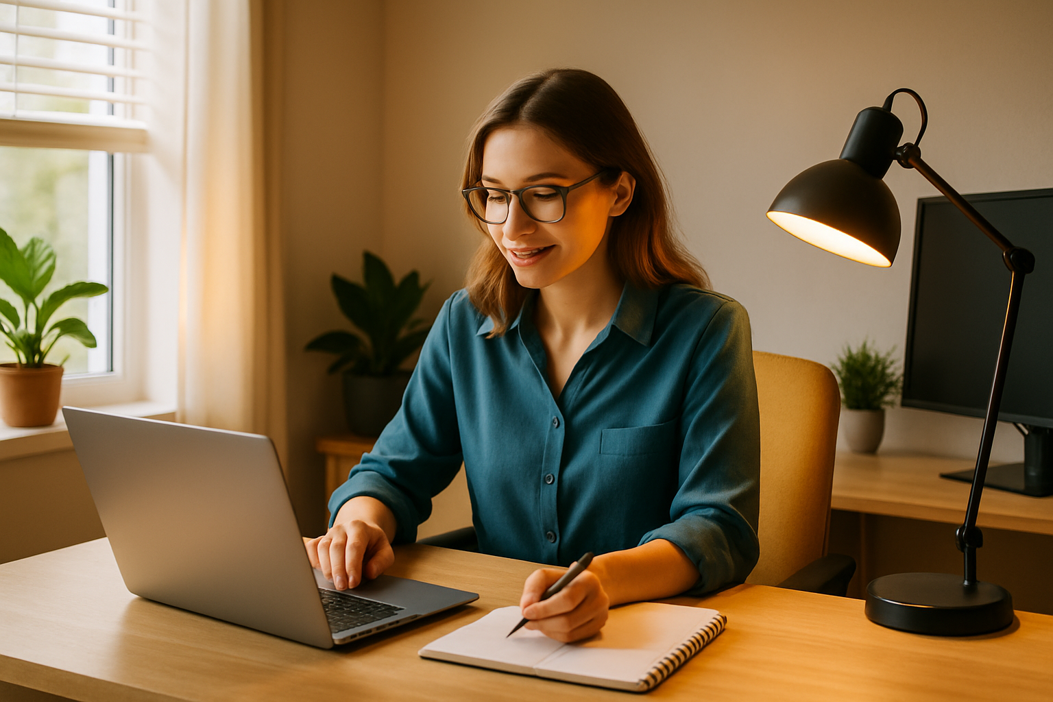 Optimal beleuchteter Homeoffice-Arbeitsplatz mit Tageslicht und Schreibtischlampe