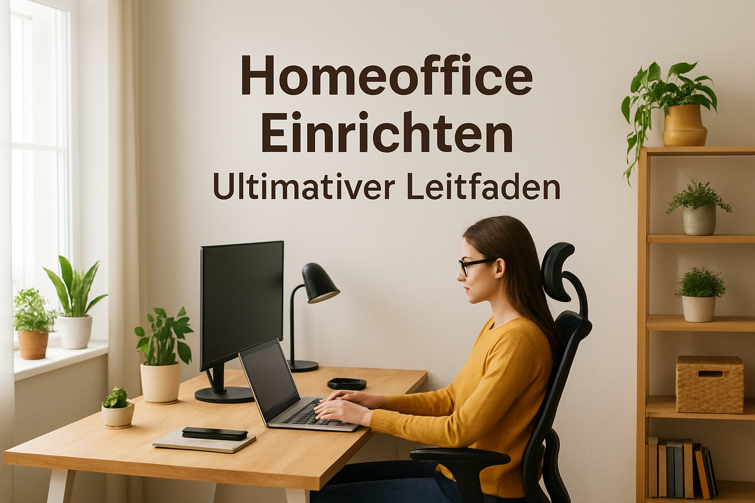 Modernes, ergonomisch eingerichtetes Homeoffice mit Schreibtisch, Stuhl und Monitor