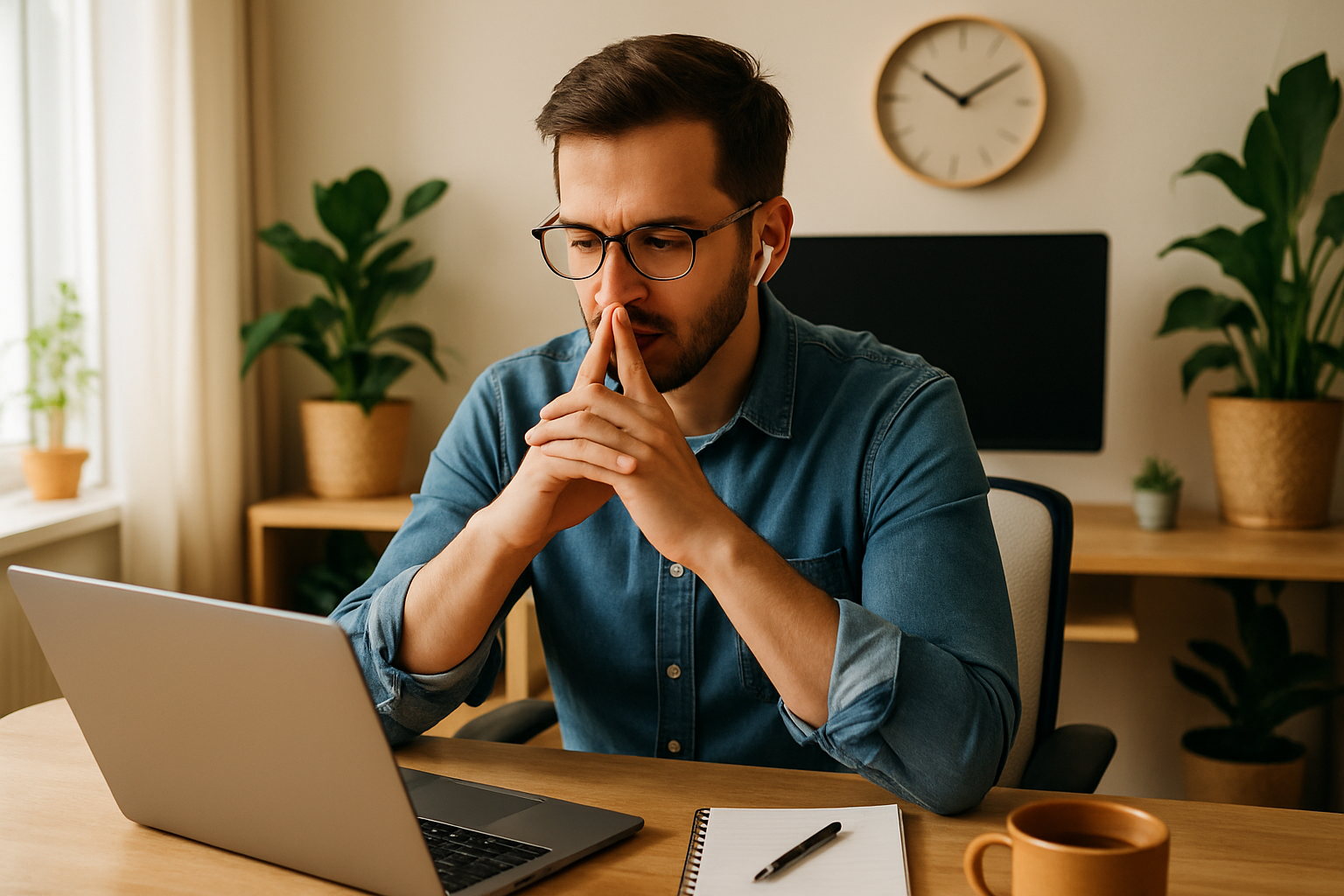 Konzentrierte Person am aufgeräumten Homeoffice-Schreibtisch in ruhiger, ablenkungsfreier Umgebung