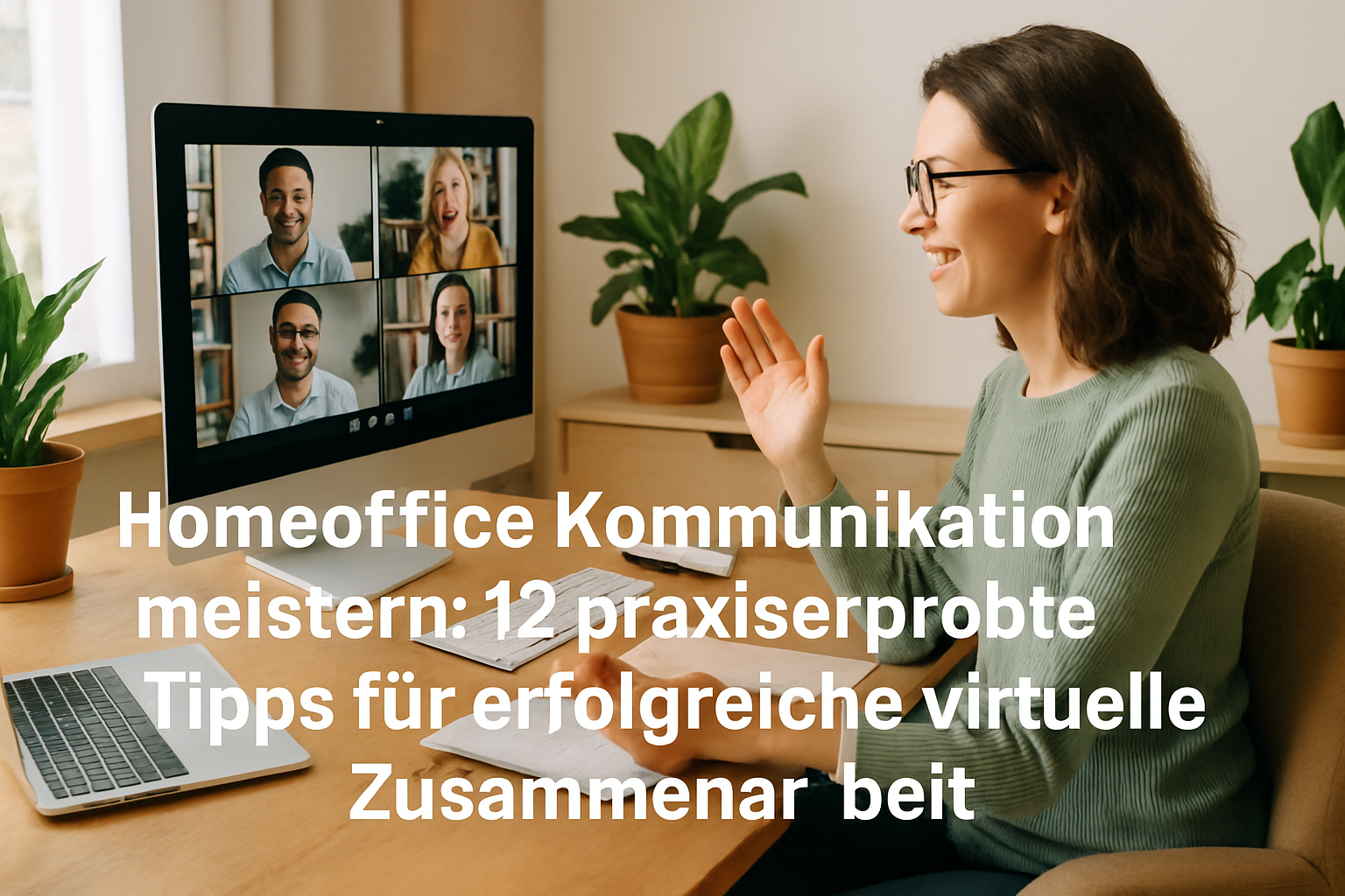 Person bei einer professionellen Videokonferenz im gut beleuchteten Homeoffice mit Headset und Webcam