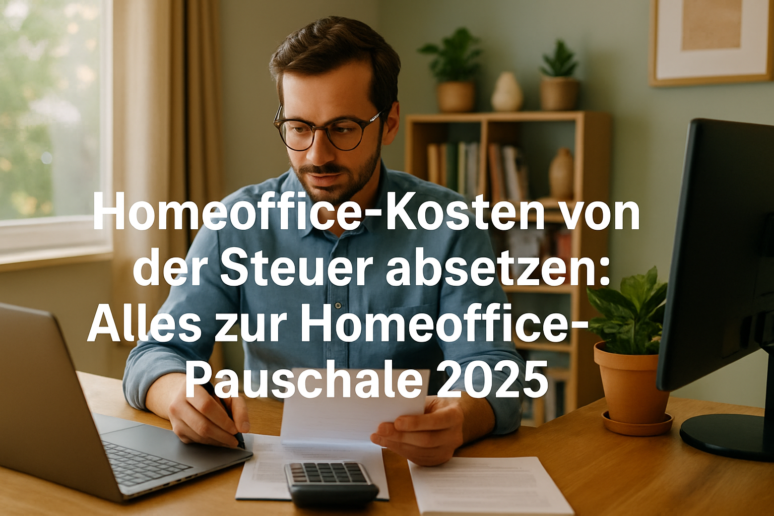 Taschenrechner und Dokumente zur Berechnung von Homeoffice-Kosten und Steuern auf einem Schreibtisch