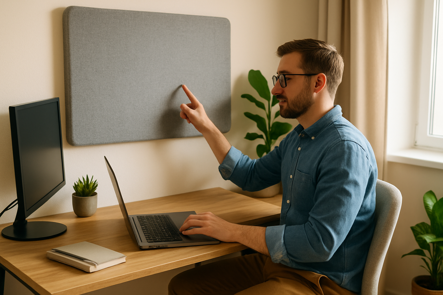 Ruhiges, akustisch optimiertes Homeoffice mit Schallabsorbern und Pflanzen für konzentriertes Arbeiten