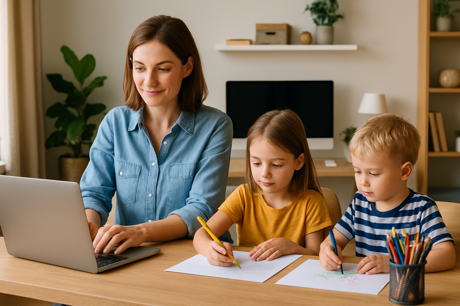 Elternteil arbeitet am Laptop im Homeoffice während Kinder im Hintergrund spielen