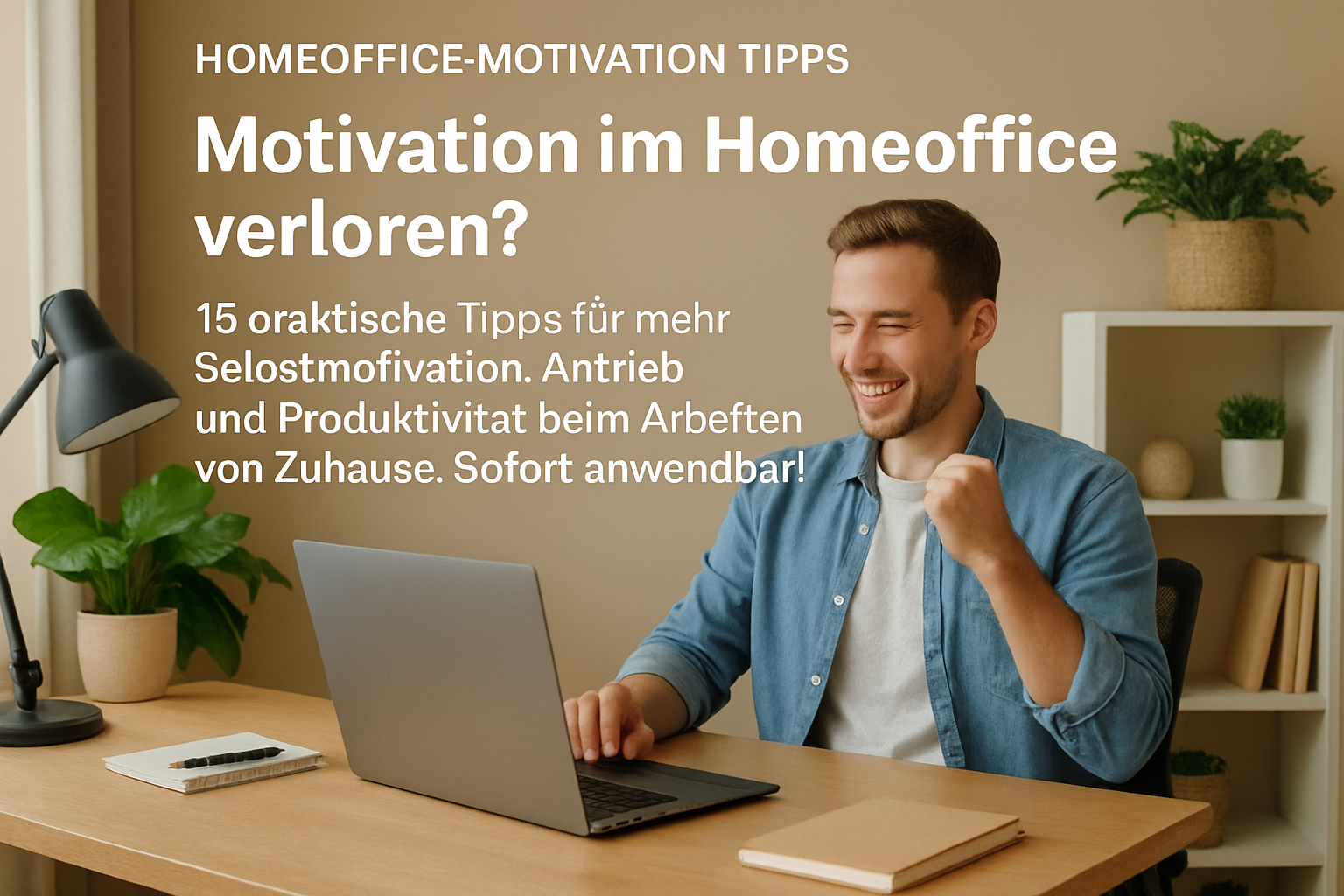 Person am Schreibtisch im Homeoffice mit motivierter Körperhaltung und Notizen