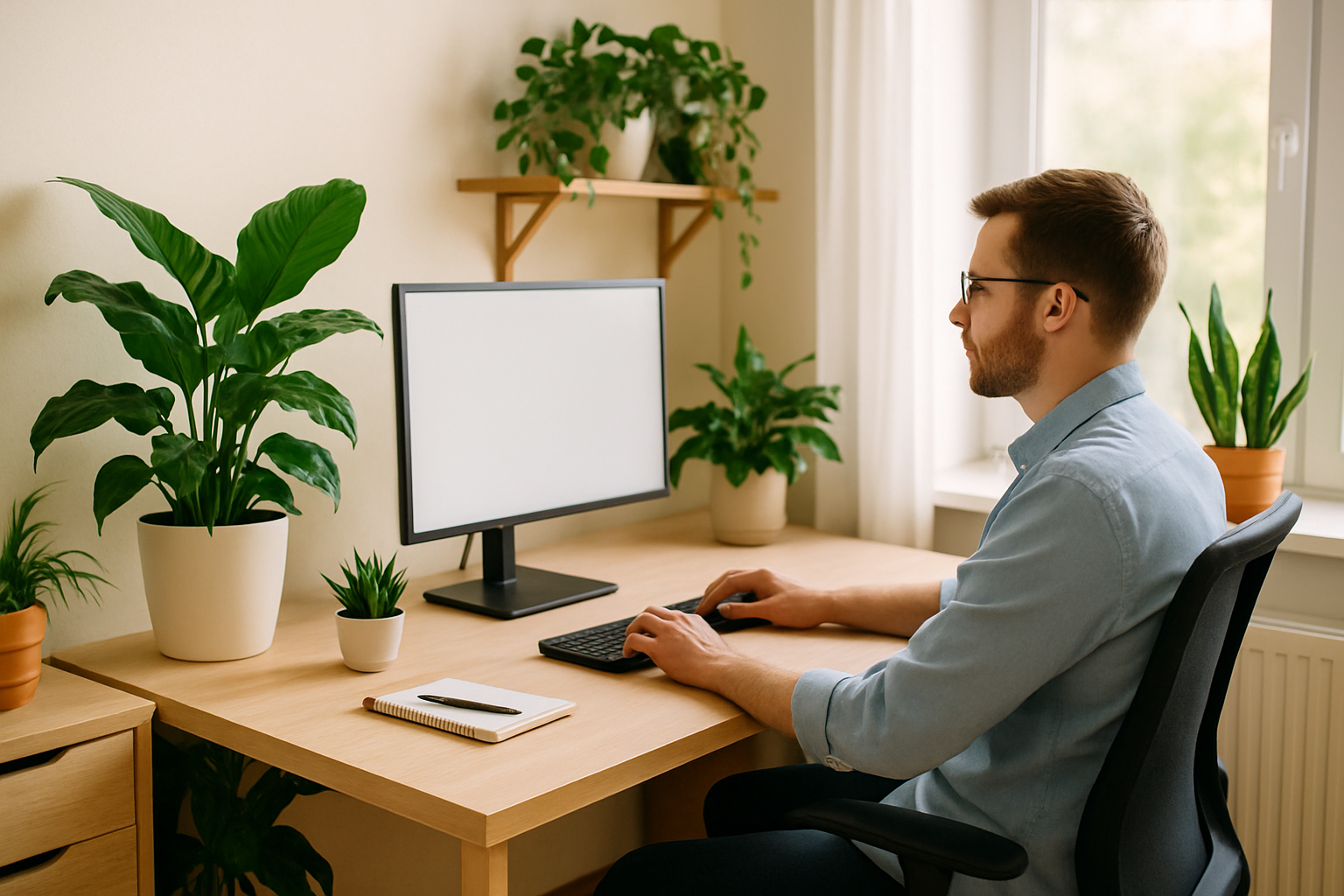 Grüne Büropflanzen auf einem Schreibtisch im hellen Homeoffice