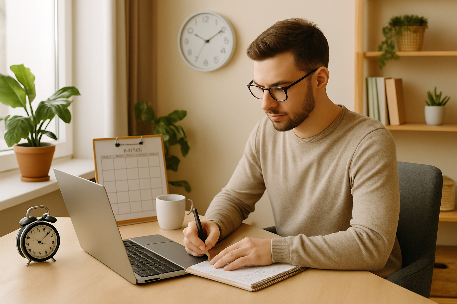 Strukturierter Tagesablauf im Homeoffice mit Morgenroutine, Arbeitsblöcken und Pausen