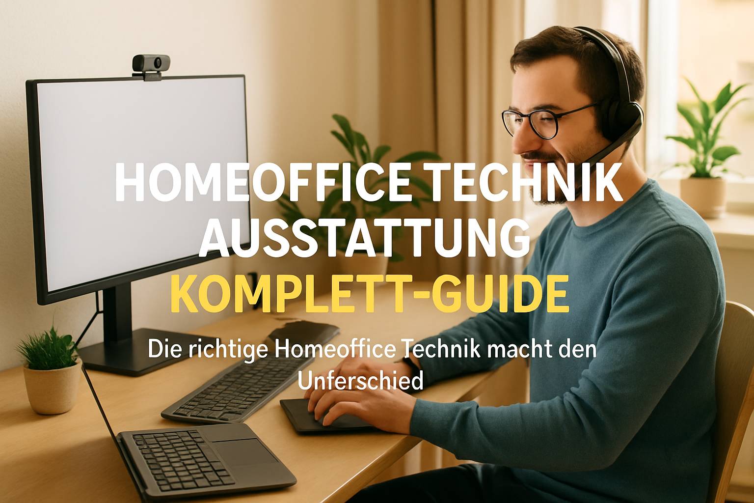 Moderner Homeoffice-Arbeitsplatz mit technischer Ausstattung: Computer, Monitor, Webcam und Headset