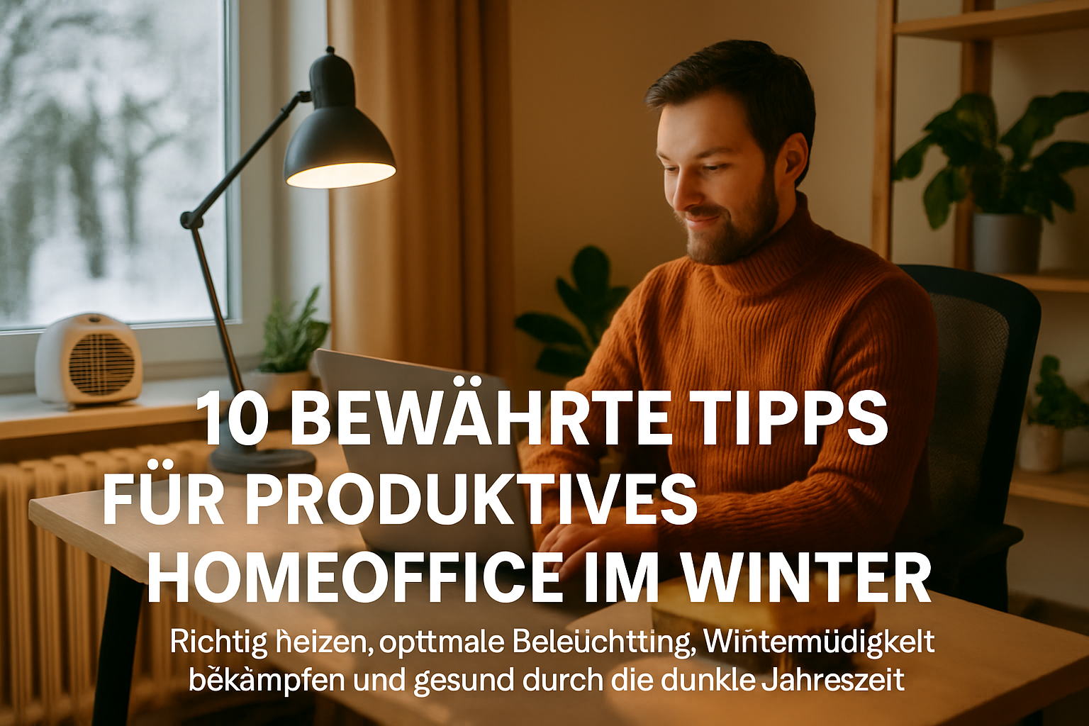 Gemütlicher Homeoffice-Arbeitsplatz im Winter mit warmer Beleuchtung und Tasse Tee