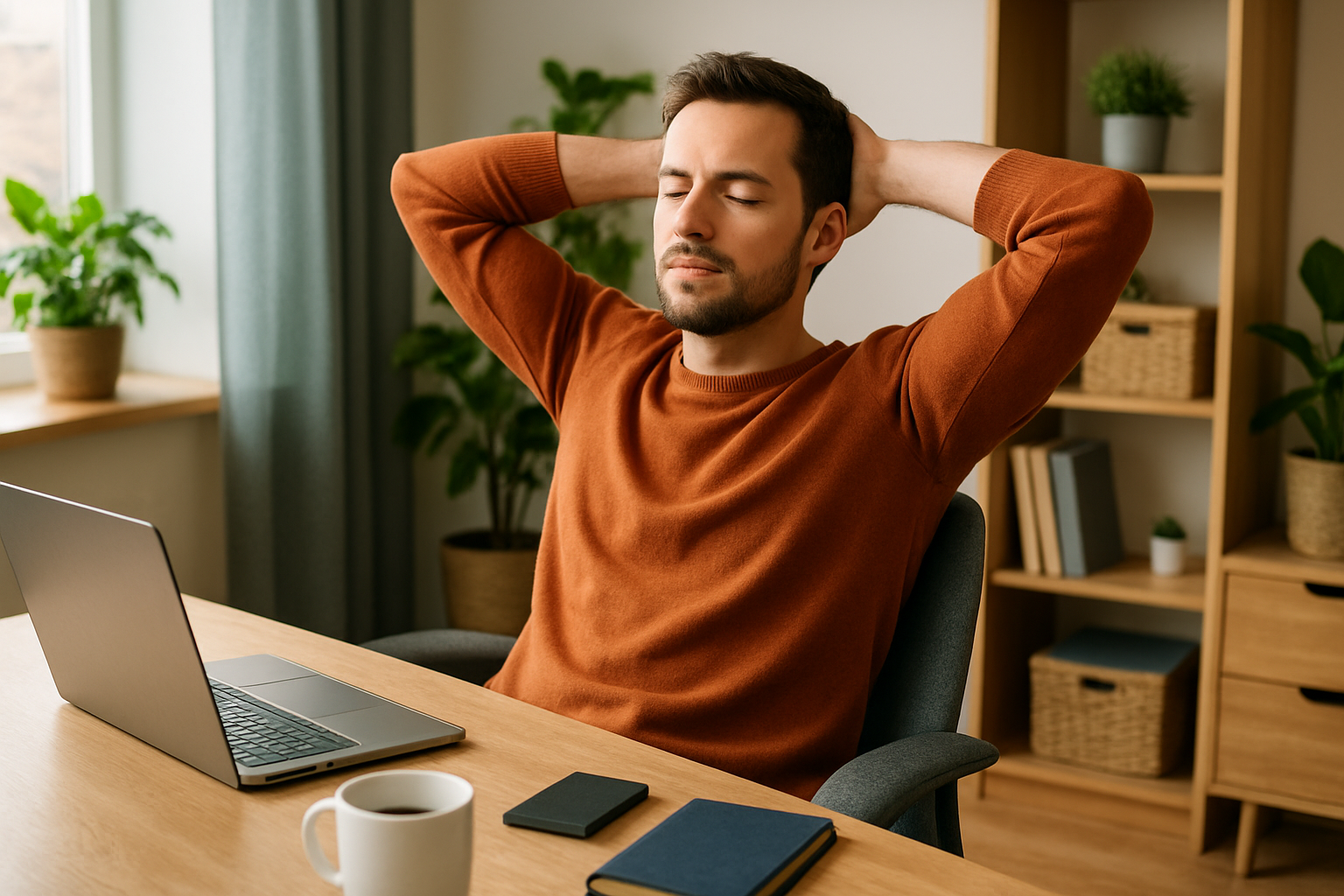 Entspannte Person meditiert am Homeoffice-Arbeitsplatz mit Pflanzen und natürlichem Licht
