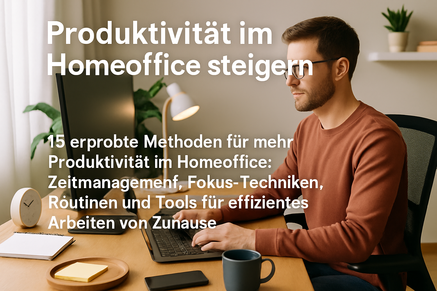 Konzentrierte Person am aufgeräumten Homeoffice-Schreibtisch mit produktivem Arbeitsablauf
