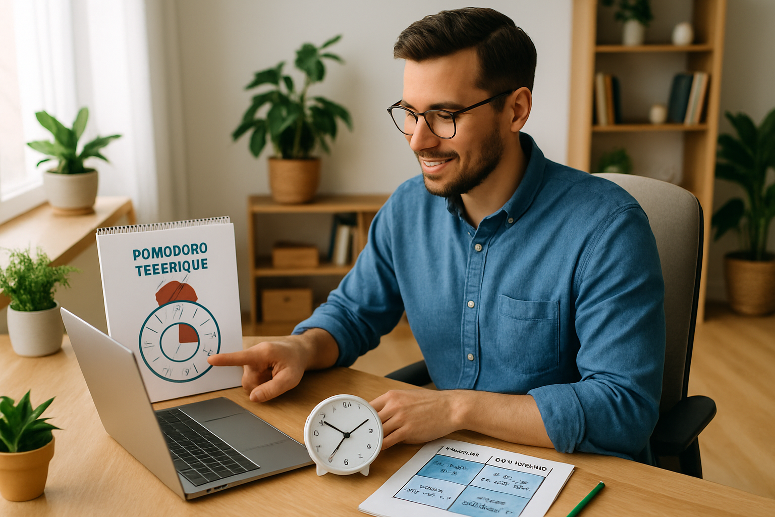 Schreibtisch mit Kalender, Uhr und strukturiertem Tagesplan für effektives Zeitmanagement im Homeoffice